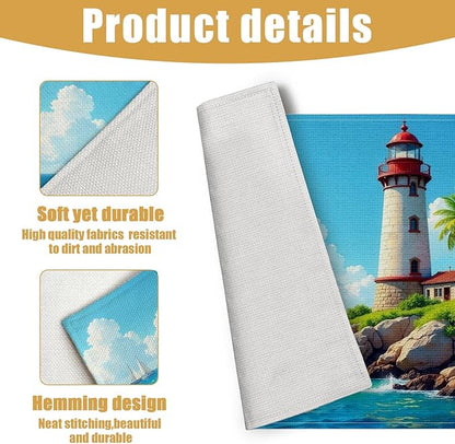 Lighthouse Placemats Set of 6, Nautical Theme Palm Linen Place Mat Washable Stain Resistant Table Mats for Farmhouse Kitchen Dining Party 12x18 Inch