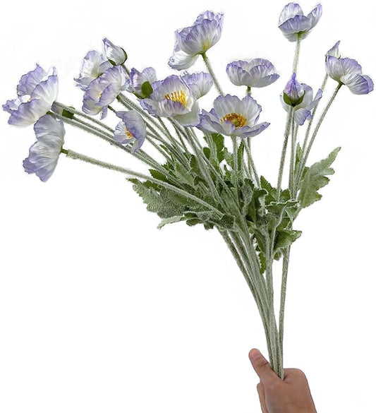 Set of 6 Poppies Flowers Artificial Silk Flowers with Long Stems Faux Wildflowers Bouquet for Vases Oil Pastel Style for Wedding Party Indoor Home Office Decor (Light Purple Blue)