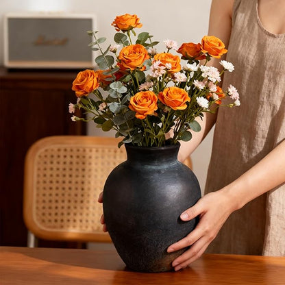 Ceramic Flower Vase, 6 Inch Decorative Rustic Vase Farmhouse Boho Vase for Centerpieces,Terracotta Vases for Home Decor, Living Room,Shelf,Wedding,Black