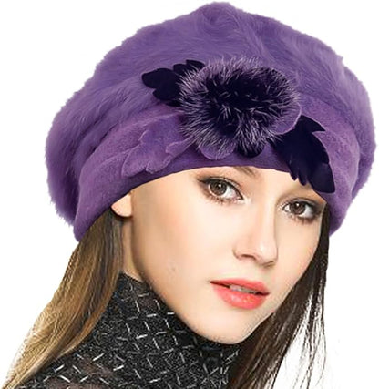 VECRY Lady French Beret 100% Wool Beret Floral Dress Beanie Winter Hat