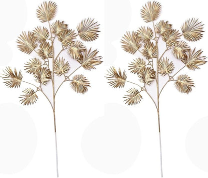 Christmas Decor Artificial Gold Plants 30" Tall 2 Pack, Faux Golden Fans Palm Leaves Plastic Fake Tropical Grass Flowers for Home Indoor Room Wedding Centerpiece Decoration Hall Table Vase Filler DIY