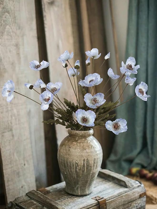 IPOPU Vintage Light Blue Poppies Flowers Artificial 6PCS Silk Poppies Realistic Faux Flowers for Vase Artificial Poppies Blue Fake Flower for Centerpieces Bridal Shower Party Decor (Light Blue)
