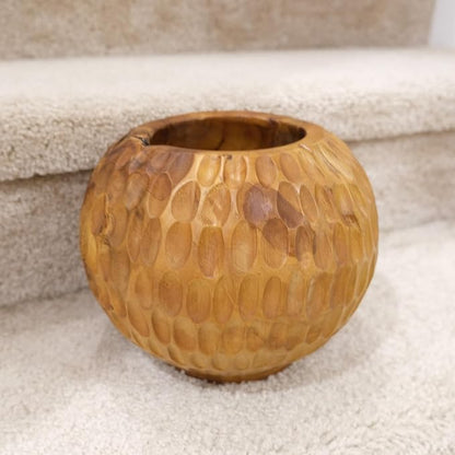 Teak Wooden Handcrafted Pot 9.5" x 9.5" x 7.1"H Natural Wood Round Vase Handmade Rustic Flower Holder for Entry Table Brown Stain Vintage Artworks Planter Living Room Home Christmas Décor