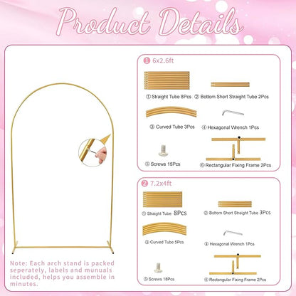 2pcs Arch Backdrop Stand - 7.2ft/6ft Gold Metal Flower Balloon Arch Frame Stand for Wedding, Birthday Party, Christmas, Baby Shower, Bridal Shower, Graduation Photography Decoration