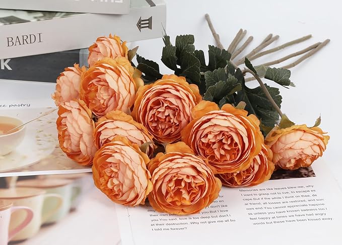 IPOPU 10pcs Orange Peonies Artificial Flowers Real Touch Silk Peonies with Stems Real Look Fake Peony for Home Table Decorations Wedding Faux Flowers Arrangements