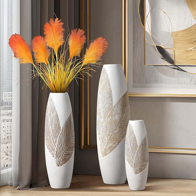 Modern Large Floor Vase White Home Decor Flower Vases 17.7 Inch Tall Resin Vase Tree Leaf Texture Decor Vases for Entryway Living Room Mantel