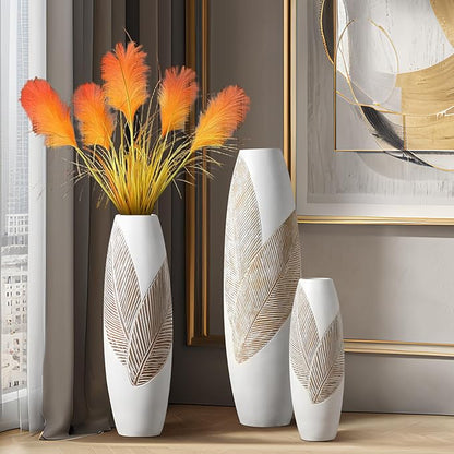 Modern Large Floor Vase White Home Decor Flower Vases 17.7 Inch Tall Resin Vase Tree Leaf Texture Decor Vases for Entryway Living Room Mantel