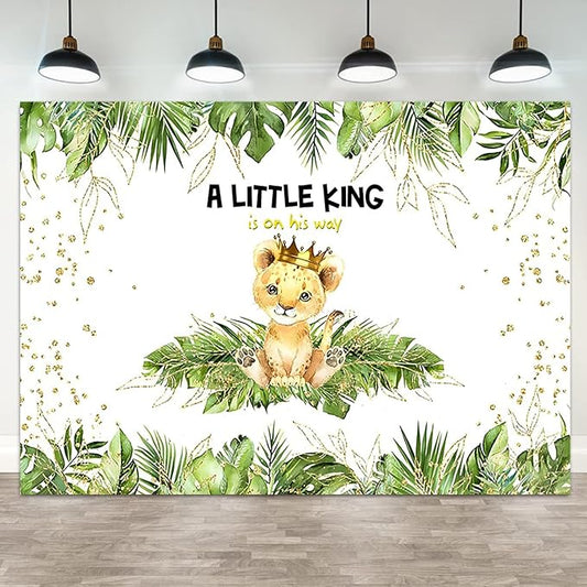7x5ft Baby Shower Backdrop A Little King is On His Way Photography Background Lion Crown Jungle Forest Green Leaf Kid Birthday Party Banner Decorations Newborn Portrait Photo Booth Prop