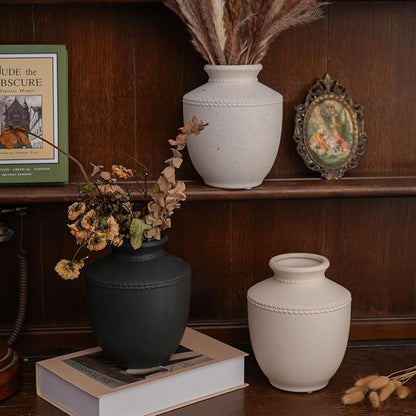 Farmhouse Ceramic Vase for Living Room Bedroom Black 7.45'' Flower Bouquet Vase for Fake Plant Home Decor Office Fireplace Centerpieces Rustic Retro Vintage Modern Gift Decoration