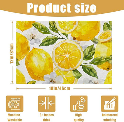 Watercolor Lemon White Flower Placemats Set of 6, Linen Place Mat Washable Stain Resistant Table Mats for Farmhouse Kitchen Dining Party Wedding Decor 12x18 Inch