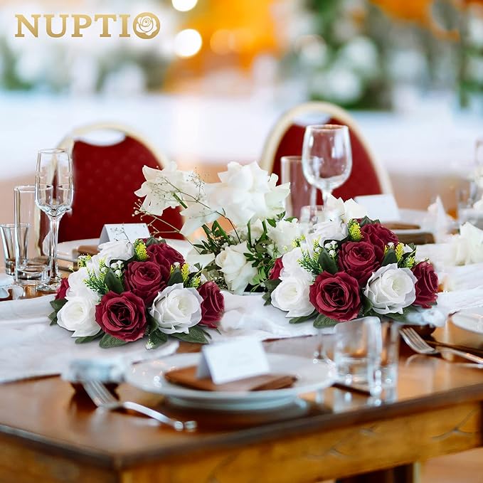 NUPTIO Flower Wedding Centrepieces for Tables - 2 Pcs 9.5in Diameter Burgundy & White Artificial Flowers Rose Ball for Centerpieces Table - Fake Rose Arrangements for Weddings Birthday Party Decor