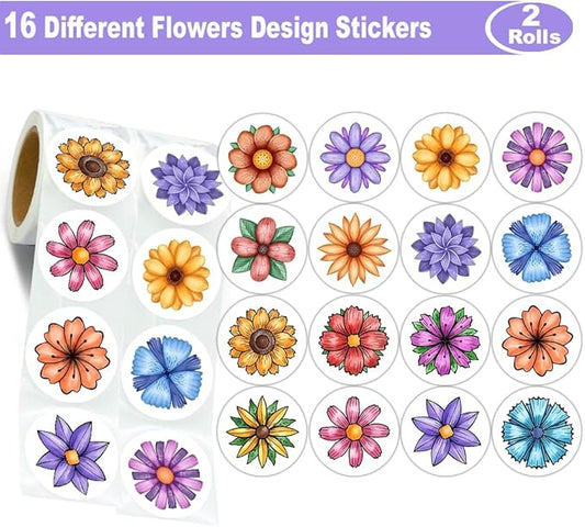 600 Pcs Flowers Stickers for Kids 1.5 Inch 16 Styles Round Flowers Stickers Roll for Girls Boys Flowers Party Favors Birthday Decoration Supplies Teachers Student Classroom Reward