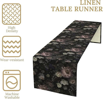 Gothic Floral Table Runner,Vintage Black Pink Rose Print Table Runner for Home Kitchen Table Dining Indoor Outdoor Party Decor 13x90 Inch