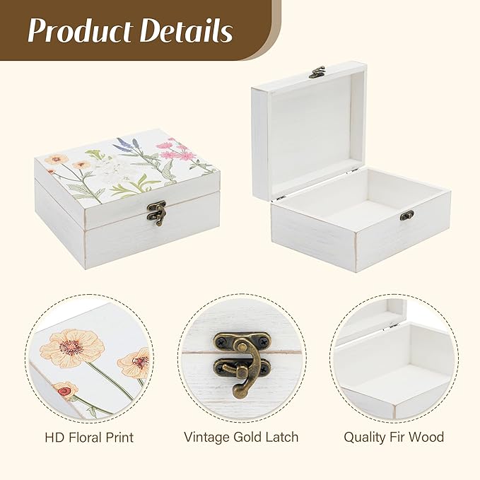 Small Decorative Box with Hinged Lid Wooden Handmade Keepsake Storage Box Floral Printed Jewelry Box Rustic Trinket Box - 7.9 x 6.5 x 3.4 Inches