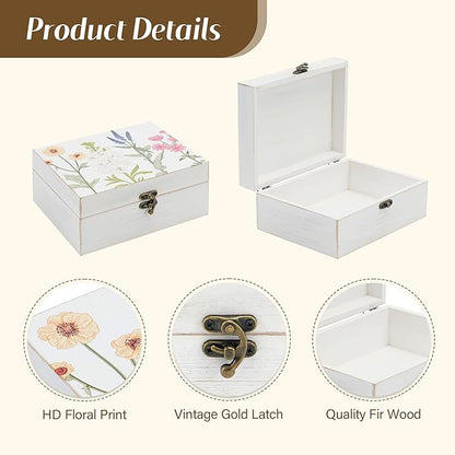 Small Decorative Box with Hinged Lid Wooden Handmade Keepsake Storage Box Floral Printed Jewelry Box Rustic Trinket Box - 7.9 x 6.5 x 3.4 Inches