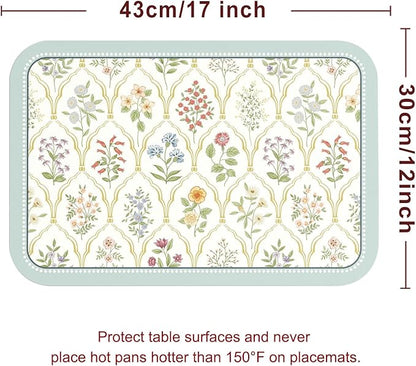 ISAENNE Vintage Floral PVC Placemats Set of 6,Colorful Flower Rectangle Place Mats, Waterproof and Heat-Resistant,Decoration for Kitchen,Dinning,Parties, Holiday,12"*17"