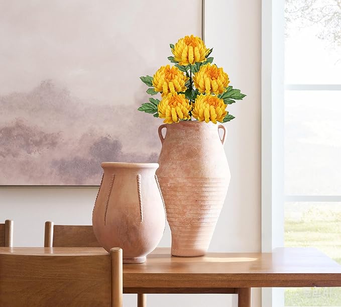 Hollyone 5Pcs Fake Mums Flowers Yellow Artificial Chrysanthemum Flowers Silk 22.8inch Long Stem Floral Arrangements Bouquets Faux Spider Mum Flower Pincushion Flower Bush Spring Home Decor
