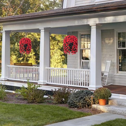 HyeFlora Artificial Fake Red Hanging Flowers Plants Baskets for Outdoor Winter Christmas, Faux Silk UV Resistant Look Real Morning Glory Vines for Outside Porch Patio Balcony Garden Yard Home Decor