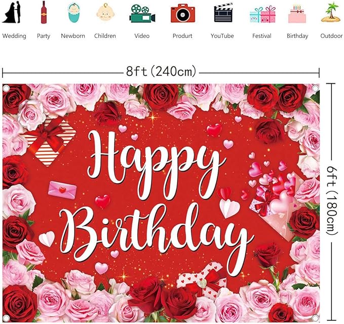Rose Happy Birthday Backdrop for Women Red Pink Floral Birthday Photography Background Girl Flower Party Decorations Banner Booth Props (8x6FT(94 x 70 inch))
