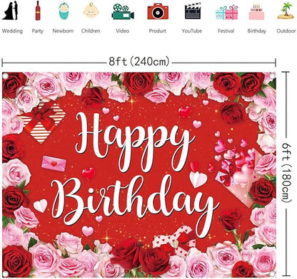 Rose Happy Birthday Backdrop for Women Red Pink Floral Birthday Photography Background Girl Flower Party Decorations Banner Booth Props (8x6FT(94 x 70 inch))