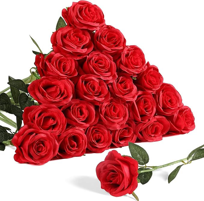 Nubry 24pcs Artificial Silk Roses Bulk,Fake Roses Flower with Stems Realistic Flowers for Wedding Centerpiece Home Party Decor(Red)