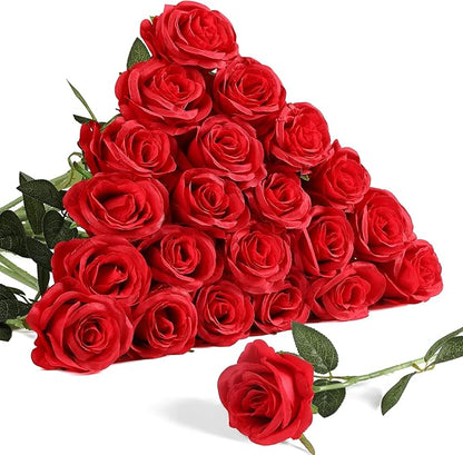 Nubry 24pcs Artificial Silk Roses Bulk,Fake Roses Flower with Stems Realistic Flowers for Wedding Centerpiece Home Party Decor(Red)