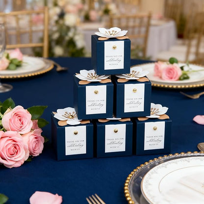 FEIYI 20 PCS Candy Boxes, 3 In 1 Navy Blue Favor Boxes with Floral Decor, White Thank You Tags Gift wrapping for Wedding Birthday Baby Shower Decorations Party -2.55x2.55x2.55''