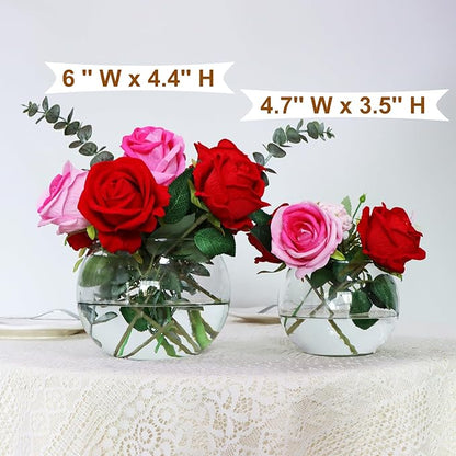 Set of 4 Clear Glass Vases, 6” W x 4.4” H, Round Candle Holders, Bubble Bowl, Flower Vases with Sponge Brush, Decorative Centerpieces for Wedding Home Decor