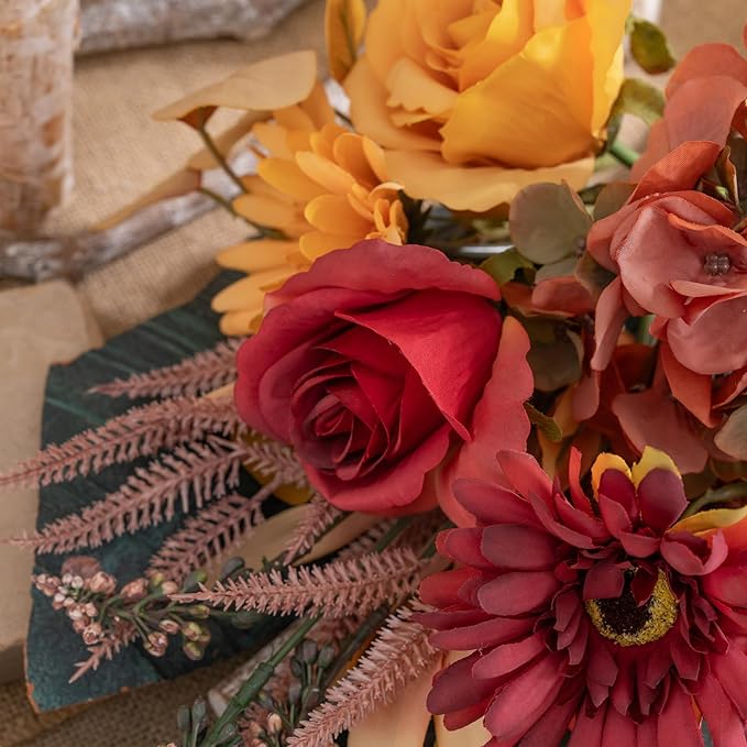 Fake Silk Flowers Bouquet Faux Centerpieces with Roses, Gerberas, Hydrangea etc, Realistic Artificial Floral Arrangements for Home Kitchen Decor
