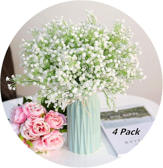 PASYOU Artificial Baby Breath Flowers Plastic Fake Gypsophila for Indoor Outdoor Wedding Bridal Bouquet Home Garden Party DIY Wreath Table Arrangement Decoration Pot Planter Filler White 4 pcs