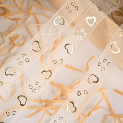 ‌SAYUAN Gold Hearts Ribbon 5/8 Inch x 30 Yards Organza Ribbon with Gold Heart Pattern for Valentine's Day Birthday Christmas Gift Wrapping Handmade Crafts Floral Bouquet Wedding Party Decoration