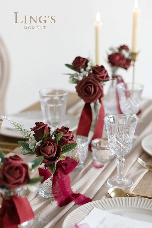 Ling's moment Artificial Flowers Burgundy Rose Buds and Small Roses w/Stem for DIY Wedding Bouquets Centerpieces Arrangements Party Baby Shower Home Decorations