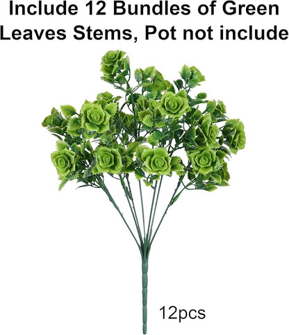 HyeFlora Artificial Plants for Outdoors Outside Spring Summer Decoration, 12 Bundles Faux Green Plastic Leaves Stems Bulk Fake Greenery Look Real UV Resistant for Home Porch Patio Planter Yard Wedding