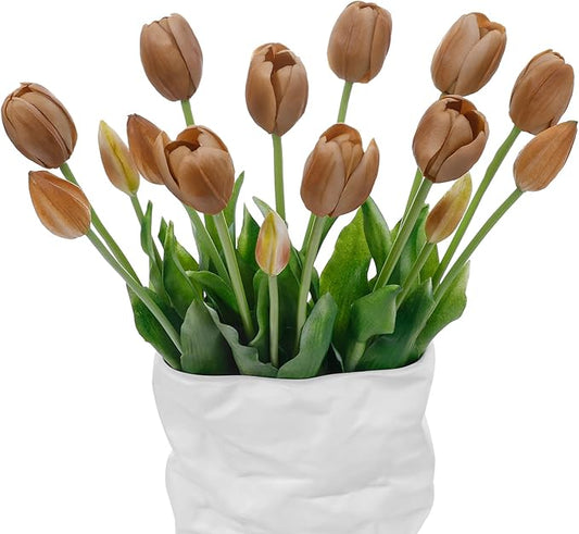 15 Pcs Coffee Artificial Flowers Tulips Real Touch Latex Plastic Soft Faux Bouquets for Party, Wedding, Home, Room, Garden Decor