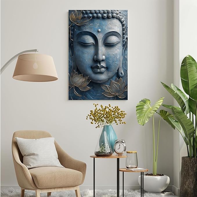 Canvas wall art Golden lotus crown Serene Buddha poster Ethereal blue toned art with delicate floral decor Zen wall art for a tranquil meditation space 20x30in Wood Framed