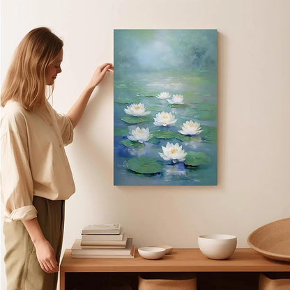 Zen wall art Delicate white lotus flower floating on calm water Vintage oil painting print Serene aquatic wall art creates a tranquil home decor 24x36in Frameless
