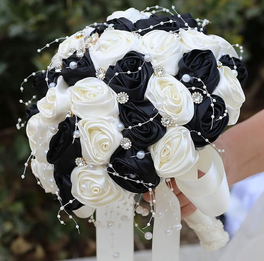 Bridal Wedding Bouquet Round Bling Brooch Bouquet Throw Toss Artificial Rose Flower Bunch for Bride Bridesmaid Wedding Quinceanera(Black & Ivory, 8.7")