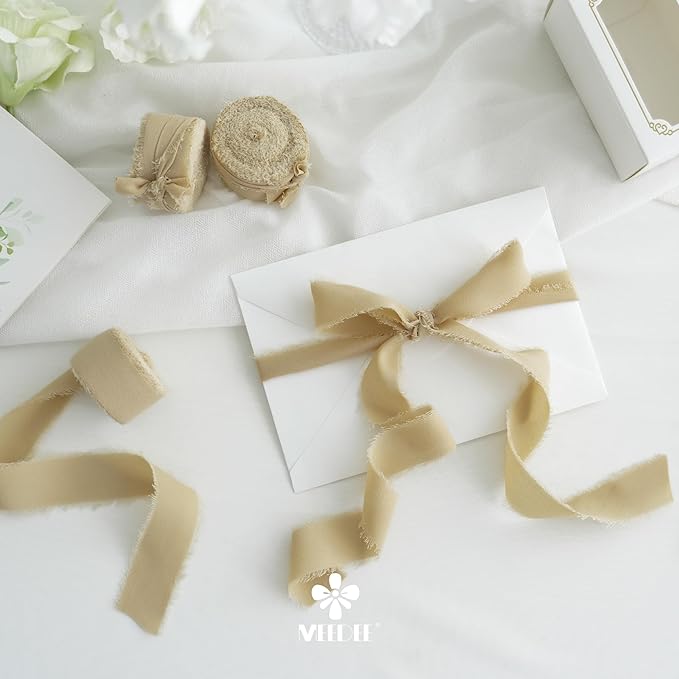 MEEDEE Khaki Chiffon Ribbon 1 Inch Fringe Ribbons Cream Chiffon Silk Frayed Edge Ribbon Thin Chiffon Ribbons for Crafts, Gift Wrapping, Wedding Invitation (3 Rolls 21 Yards)