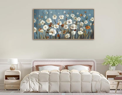 VEAEE Wildflowers Canvas Wall Art, Daisy Flowers Canvas Pictures,Abstract Orange White Floral Blossom Landscape Painting for Living Room Bedroom Kitchen Dining Room Home Office Decor 29"x58"