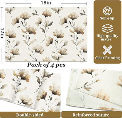Linen Fabric Floral Placemats Set of 4 Vintage Table Mats with Beige/Brown Botanical Design, Heat-Resistant Tabletop Place Mats 12x18 in Backing for Picnic Kitchen and Dining Decor for Indoor