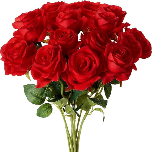 Red Roses Artificial Flowers 15 PCS, Fake Roses Silk Flowers with Long Stems, Faux Rose for Wedding Centerpieces, Home Decor, Indoor Floral Arrangements, Party Decor, DIY Bouquet (Red)