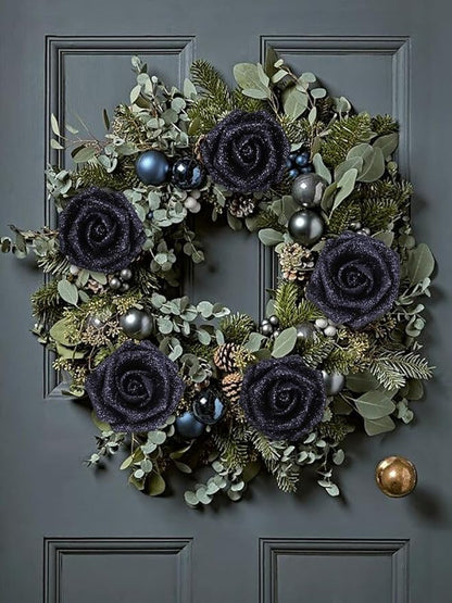 Glitter Roses 30pcs 2.56" Artificial Grey Black Roses with Stems for Baby Shower Decorations