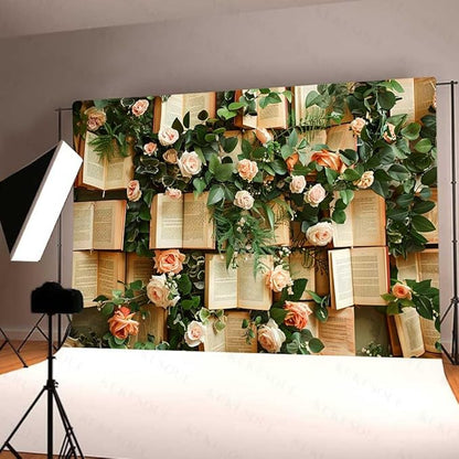 10x8FT Books Flowers Wall Photography Backdrop Green Leaves Rose Flowers Vintage Books Background Newborn Bridal Shower Birthday Party Banner Decor Supplies Photo Studio KUBDJ1003