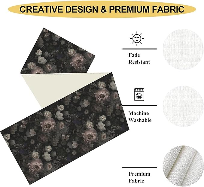 Gothic Floral Table Runner, Black Pink Rose Boho Vintage Art Print Linen Table Center Decor Family Kitchen Outdoor Farmhouse Holiday Party Table Decorations 13x108 inch