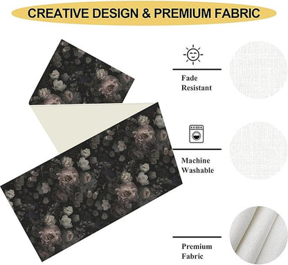 Gothic Floral Table Runner, Black Pink Rose Boho Vintage Art Print Linen Table Center Decor Family Kitchen Outdoor Farmhouse Holiday Party Table Decorations 13x36 inch