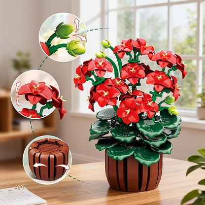 Flowers Geranium Botanicals Building Set - Artificial Bonsai Plants for Home Office Decor Display, 548PCS Geranium Flowers Pot Building Blocks for Adults Women Ages 12+ Gift for Christmas