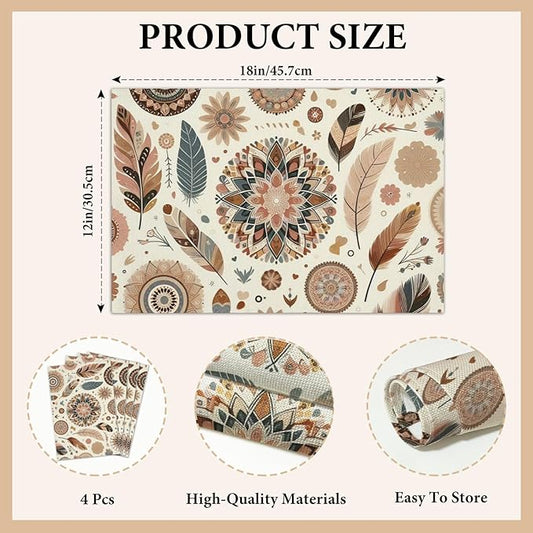 Cotton Linen Waterproof Placemats Set of 4, Boho Style Dining Mat Bohemian Table Mats Decor Fabric for Kitchen Dinner Coffee Shop Table, Indoor/Outdoor Washable Wipeable Placemat -N020
