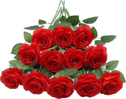 12pcs Roses Artificial Flowers Red Fake Flowers with Long Stems Silk Flowers for Wedding Bouquet Centerpices Decorations Party Bridal Baby Shower Home Decor