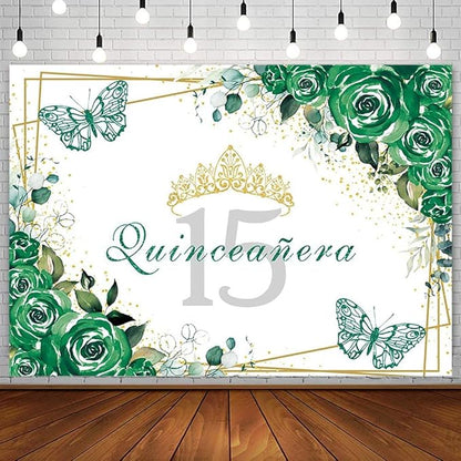 SENDY 8x6ft Quinceañera Backdrop Mis Quince 15 Anos Birthday Party Decorations Supplies for Girl Princess Green Floral Butterfly Gold Crown Photography Background Banner Photo Booth Studio Props