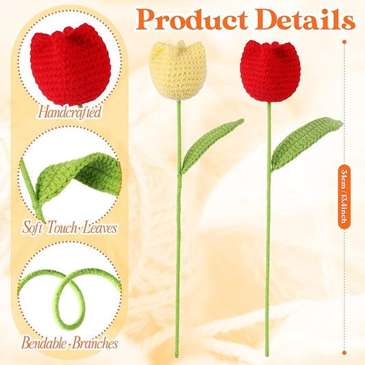 YoungJoy Crochet Rose 12 Pcs Handmade Knitted Flowers Tulip Sunflower Daisy Heart Artificial Knitted Floral Mother Day Graduation Home Decor(Cute Tulip B)